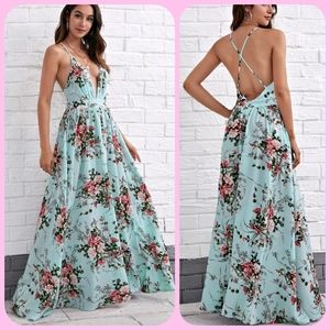 Crisscross Backless Floral Maxi Dress